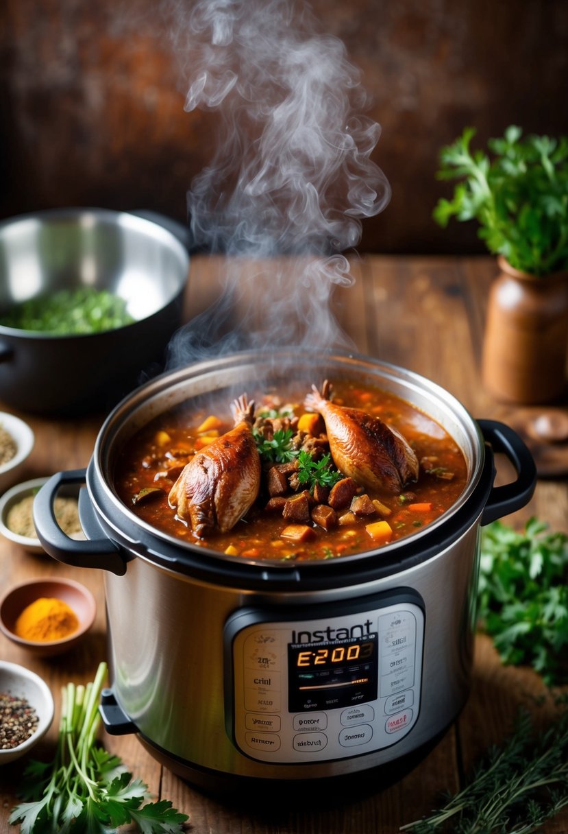 A rustic kitchen with a steaming Instant Pot filled with savory pheasant chili, surrounded by fresh herbs and spices