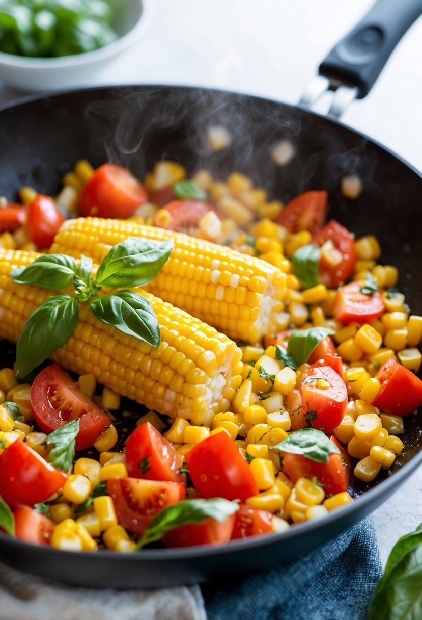 Fresh corn, diced tomatoes, and fragrant basil sizzle in a skillet, creating a vibrant and flavorful sautéed dish