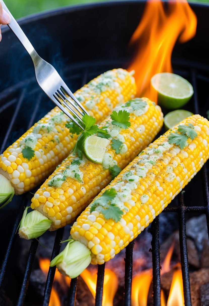 Fresh corn on the cob grilling over an open flame, brushed with cilantro lime butter and sprinkled with seasoning