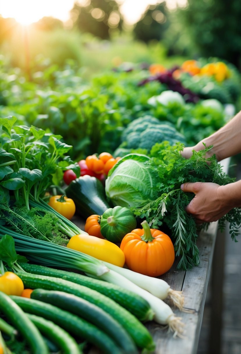 A variety of fresh vegetables and herbs are being gathered from a garden, ready to be used in a delicious harvest soup recipe