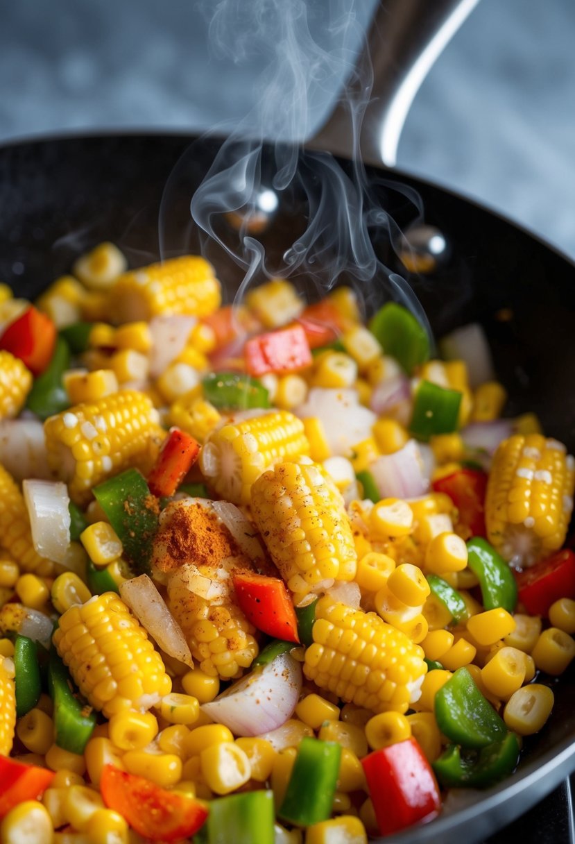 Fresh corn, diced peppers, and onions sizzle in a hot skillet, emitting fragrant steam. A sprinkle of vibrant spices adds color to the dish