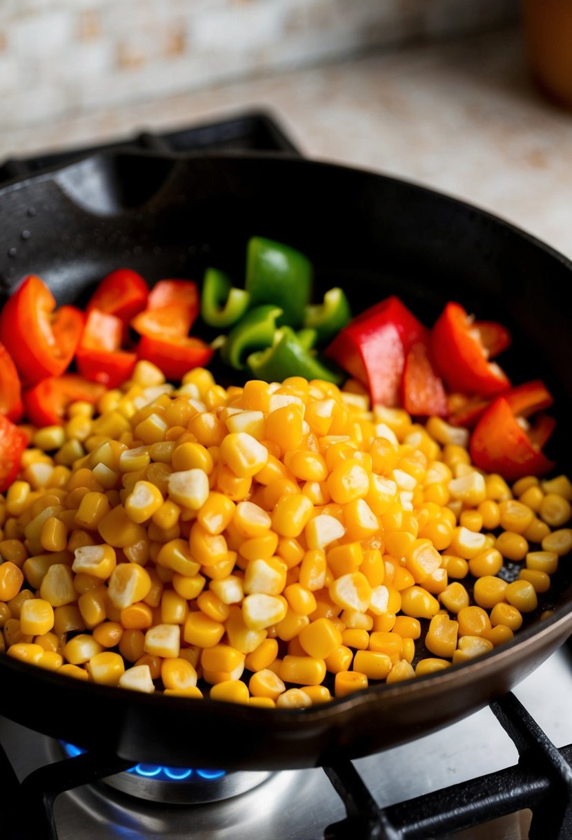 Fresh corn kernels and diced peppers sizzling in a skillet over a stovetop flame