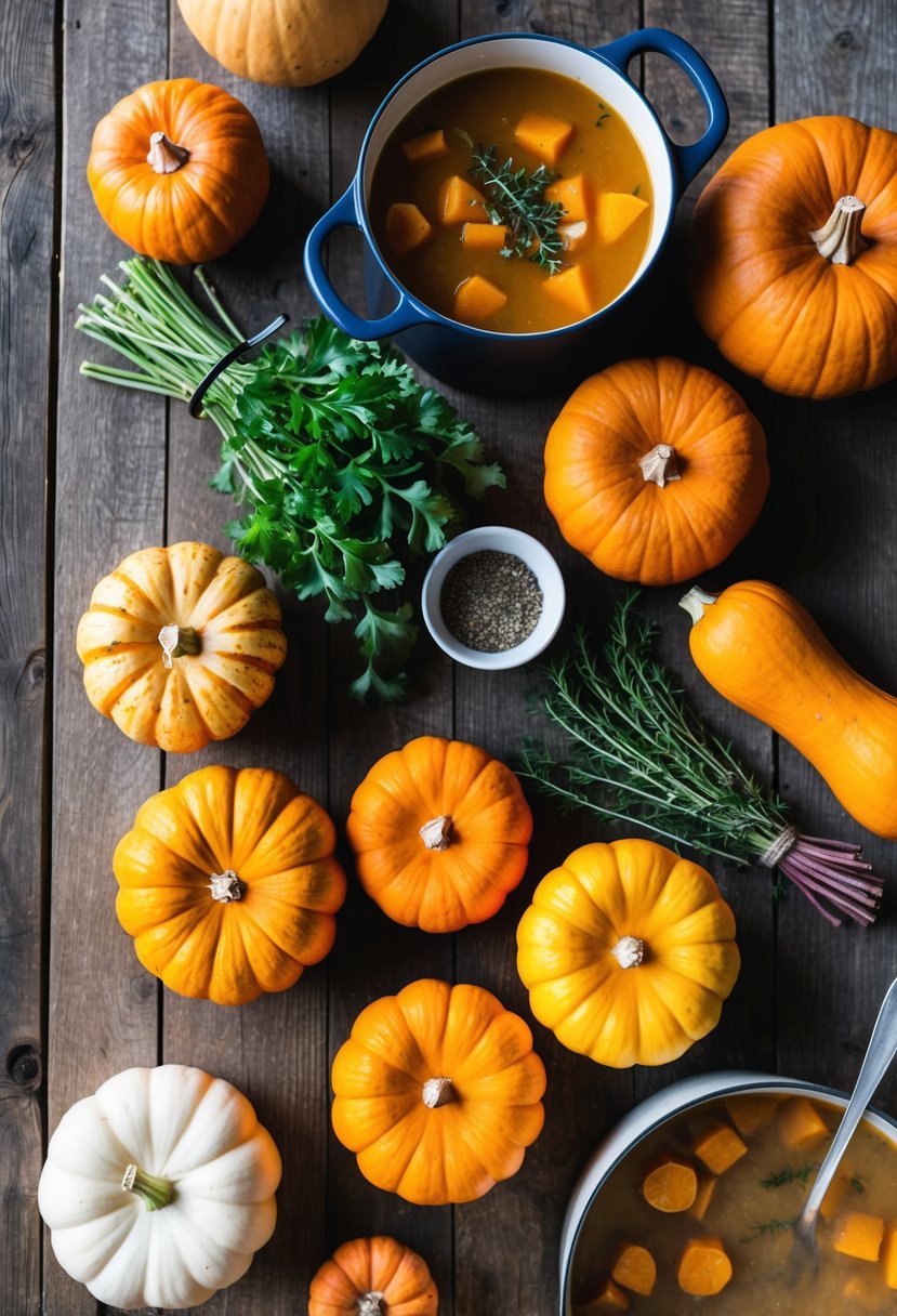 A rustic wooden table with assorted pumpkins and butternut squash, alongside fresh herbs and a pot of steaming soup