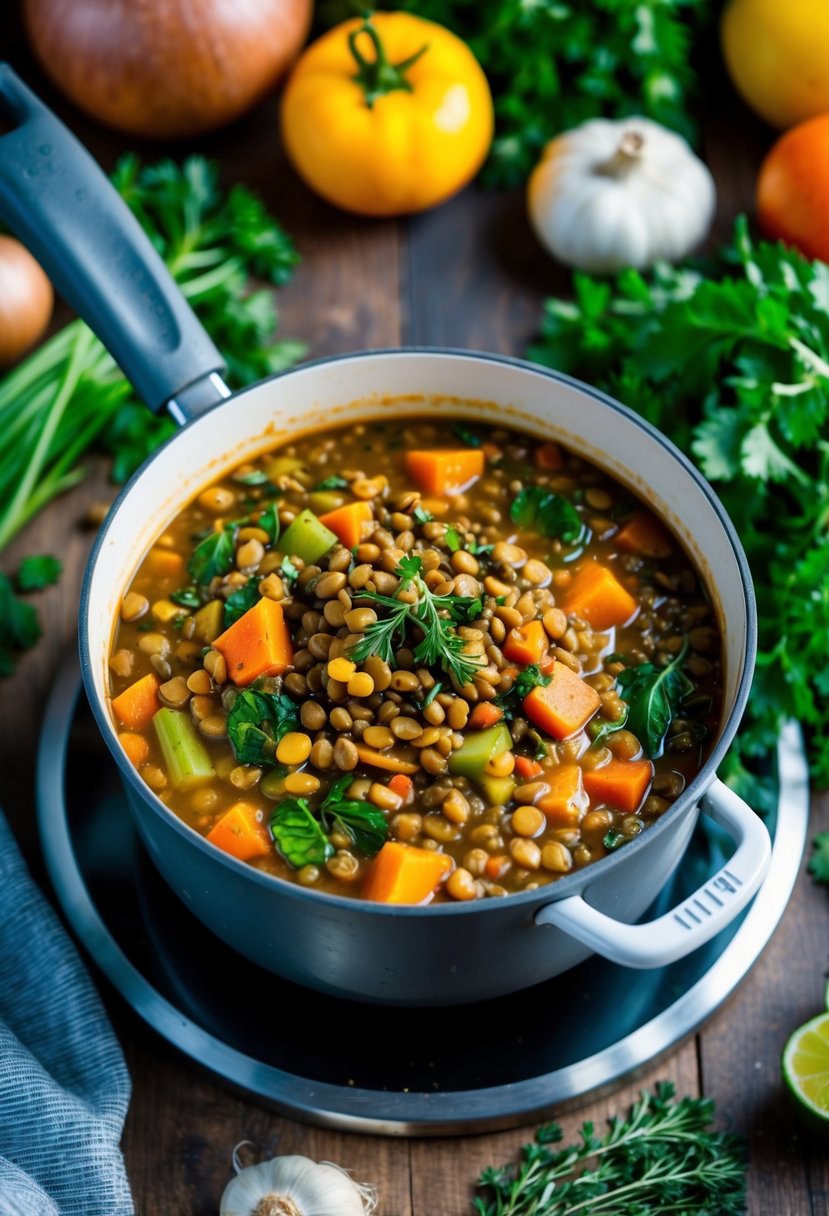 A bubbling pot of hearty lentil and vegetable stew simmers on a rustic stove, surrounded by an array of fresh produce and herbs