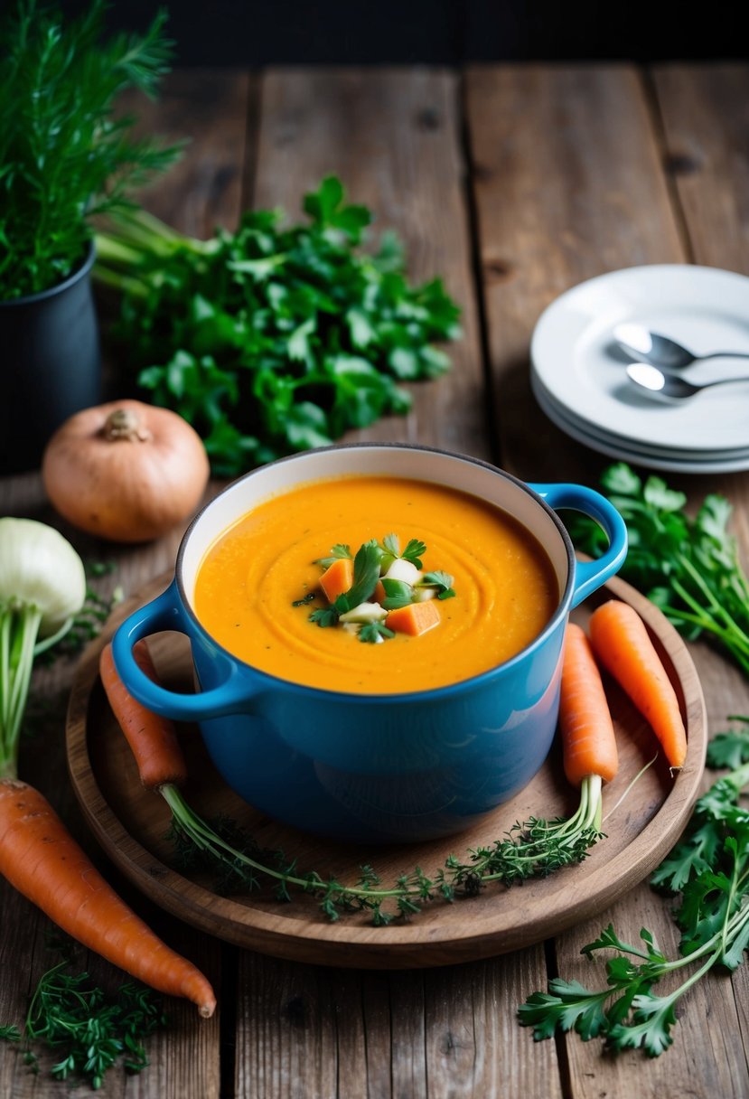 A rustic wooden table displays a pot of sweet potato and carrot bisque surrounded by fresh vegetables and herbs