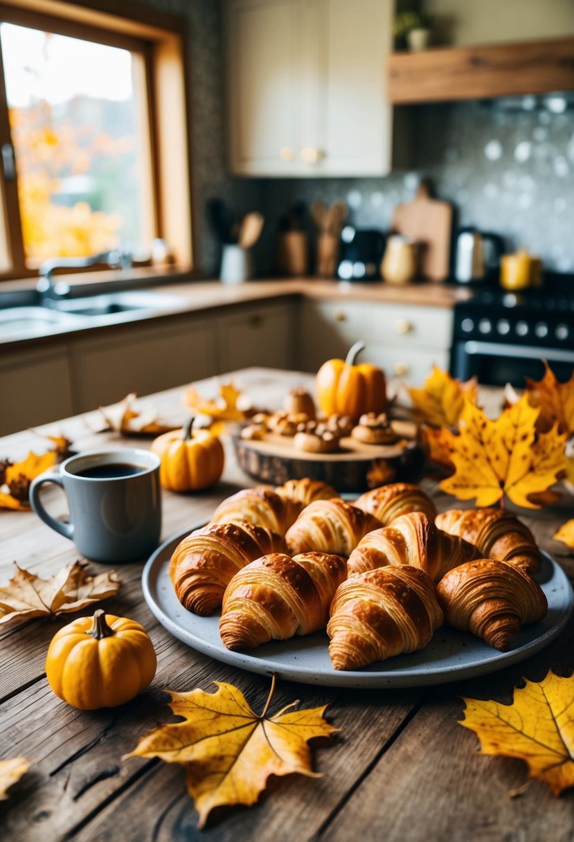 A cozy kitchen with a rustic wooden table covered in freshly baked croissants, surrounded by autumn leaves and a warm mug of coffee