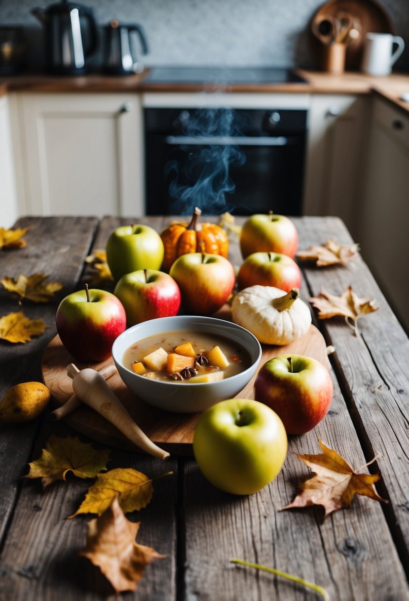 A rustic wooden table adorned with autumn apples, parsnips, and a steaming bowl of roasted soup. Fallen leaves and a cozy kitchen complete the scene