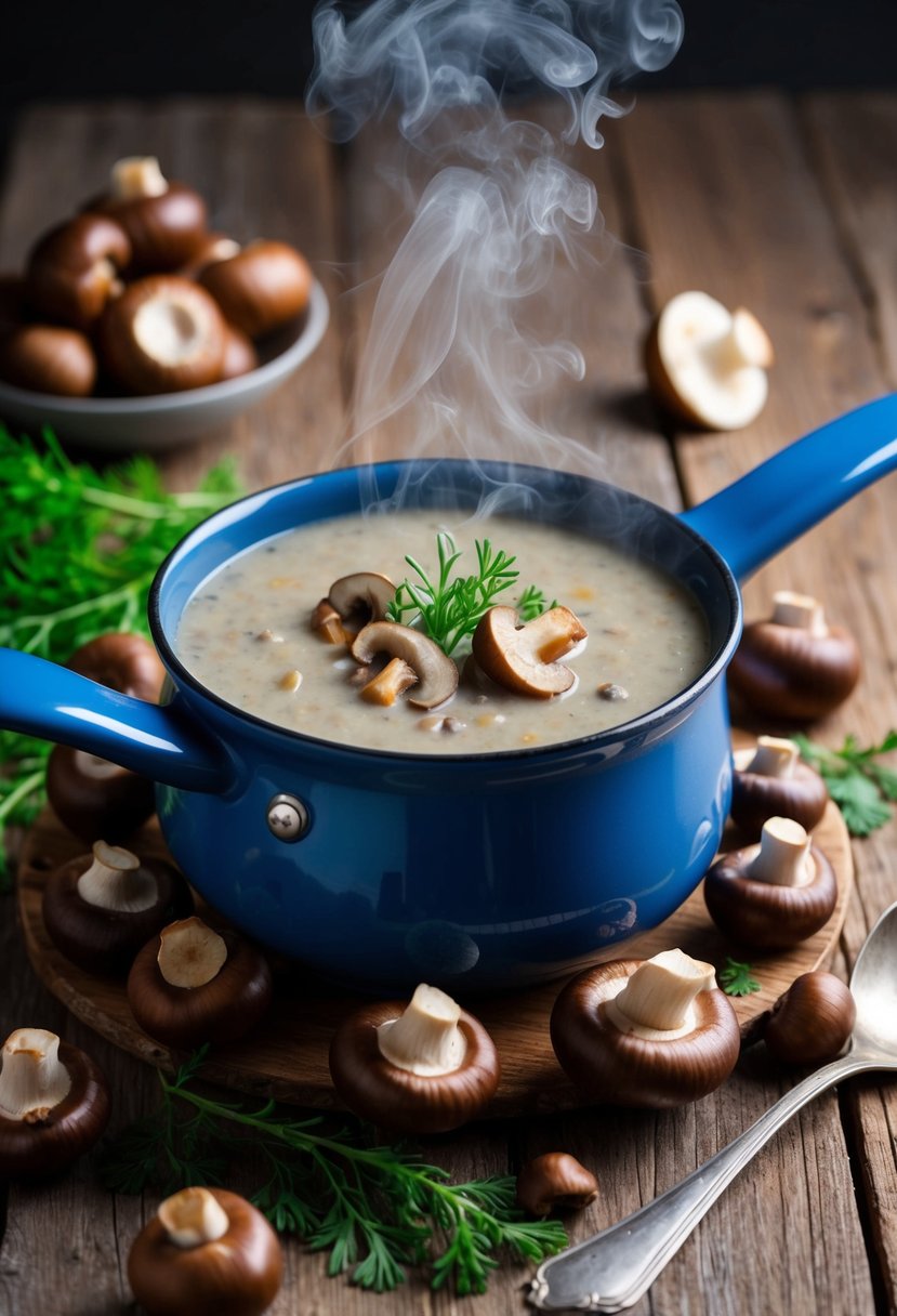 A steaming pot of creamy mushroom and chestnut soup surrounded by freshly harvested mushrooms and chestnuts on a rustic wooden table