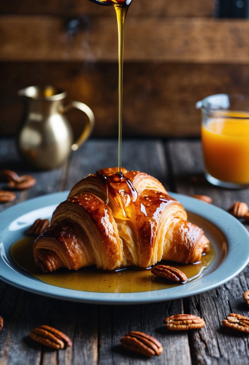 A warm, golden-brown maple pecan croissant sits on a rustic wooden table, surrounded by scattered pecans and a drizzle of maple syrup