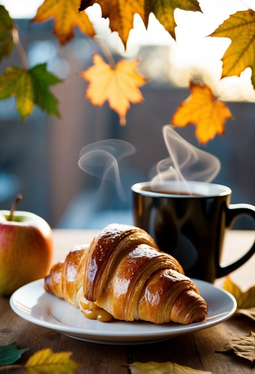 A warm apple cinnamon croissant surrounded by fall leaves and a steaming mug of coffee