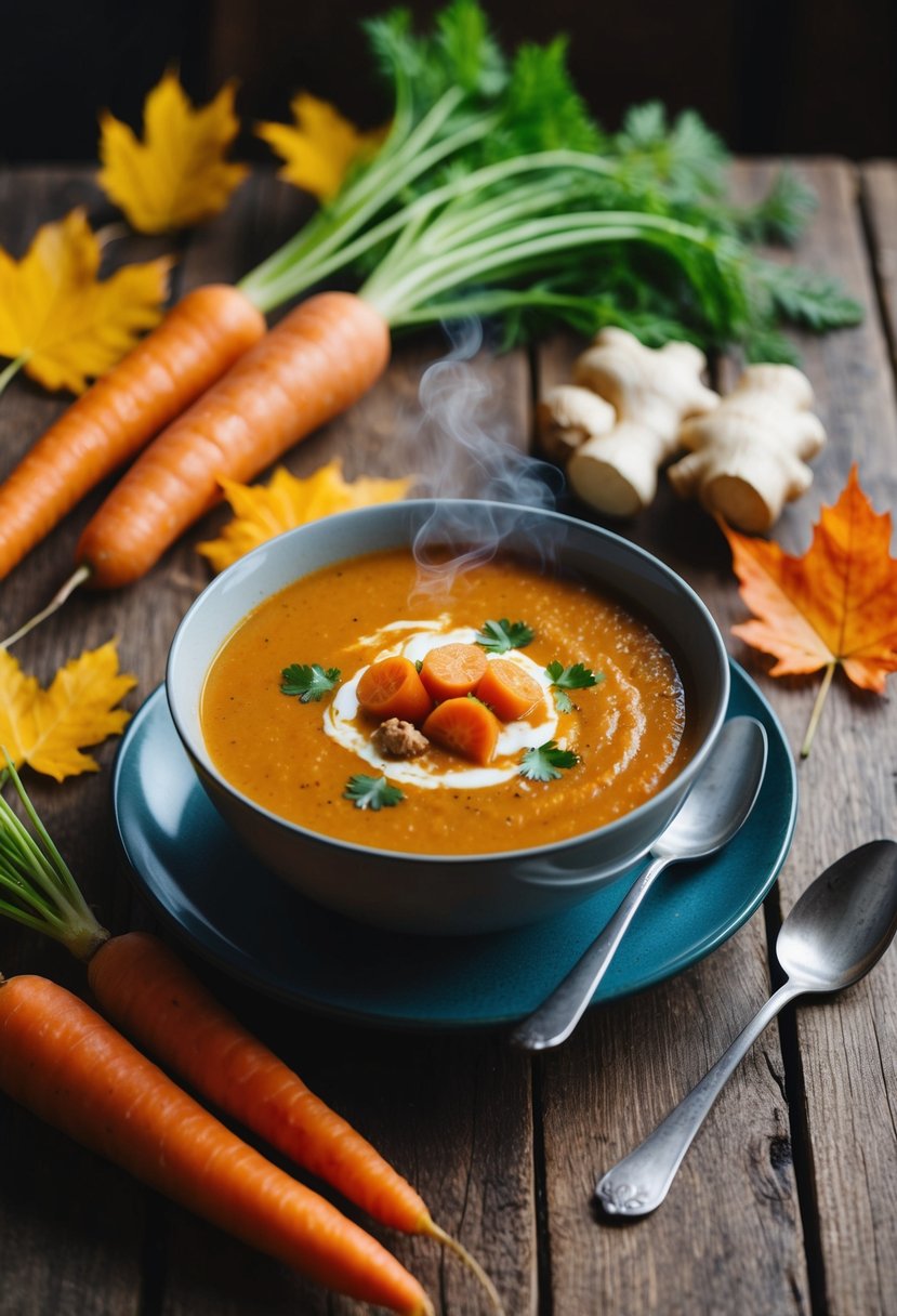 A rustic kitchen table with a steaming bowl of spiced carrot and ginger soup, surrounded by fresh carrots, ginger, and autumn leaves