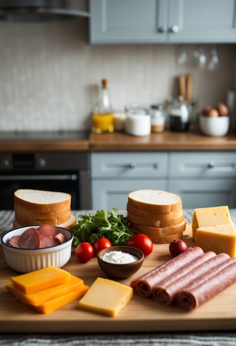 A kitchen counter with various ingredients like bread, cheese, and deli meats laid out for making bread roll ups