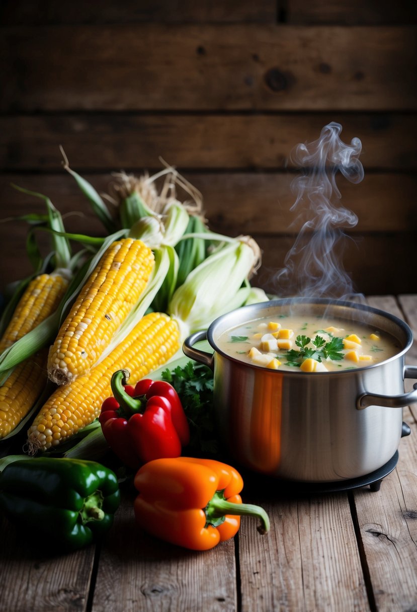 A rustic wooden table with fresh corn cobs, red peppers, and other vegetables piled next to a pot of steaming chowder