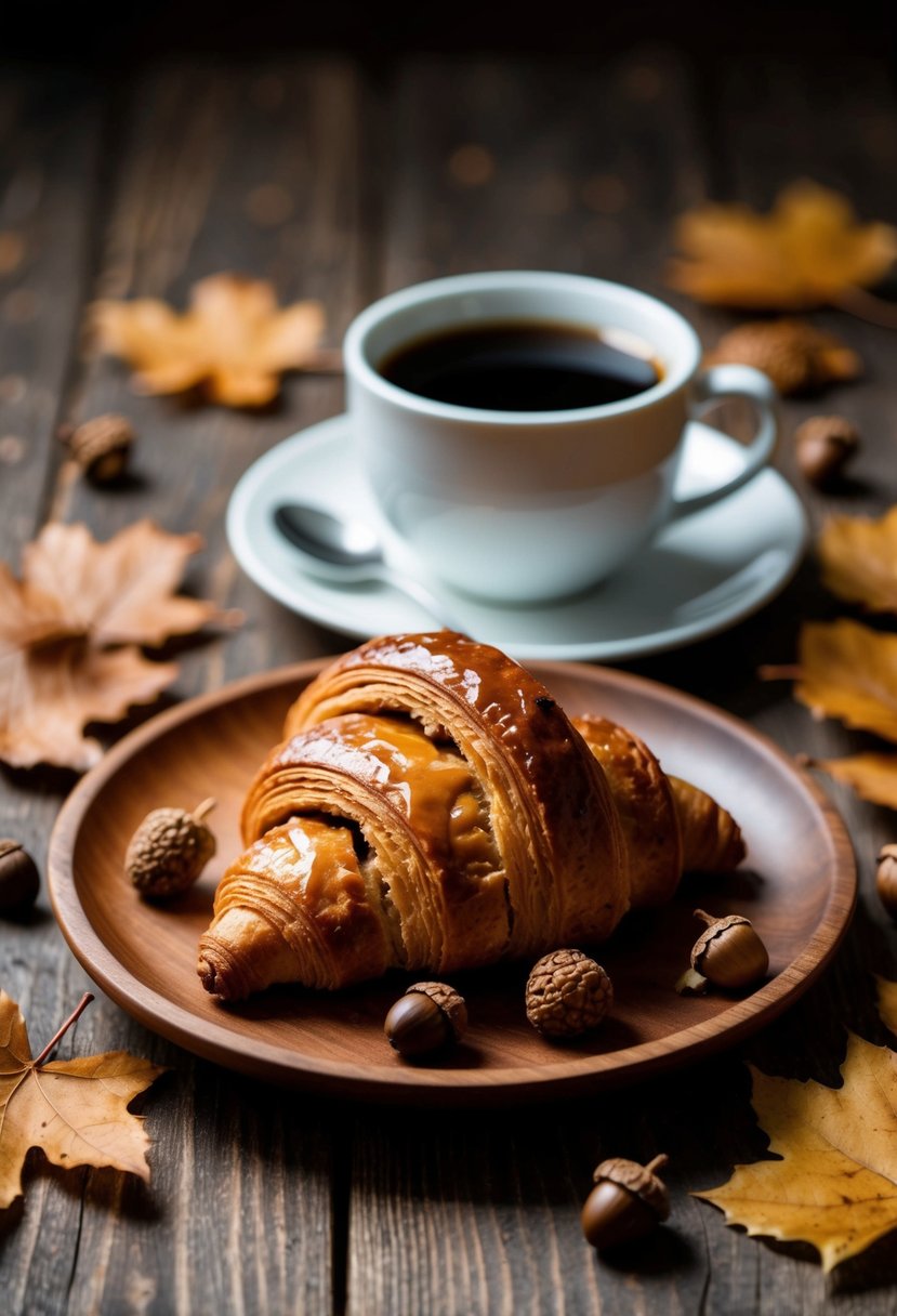 A caramel walnut croissant sits on a wooden plate, surrounded by fallen leaves and acorns, with a warm cup of coffee in the background