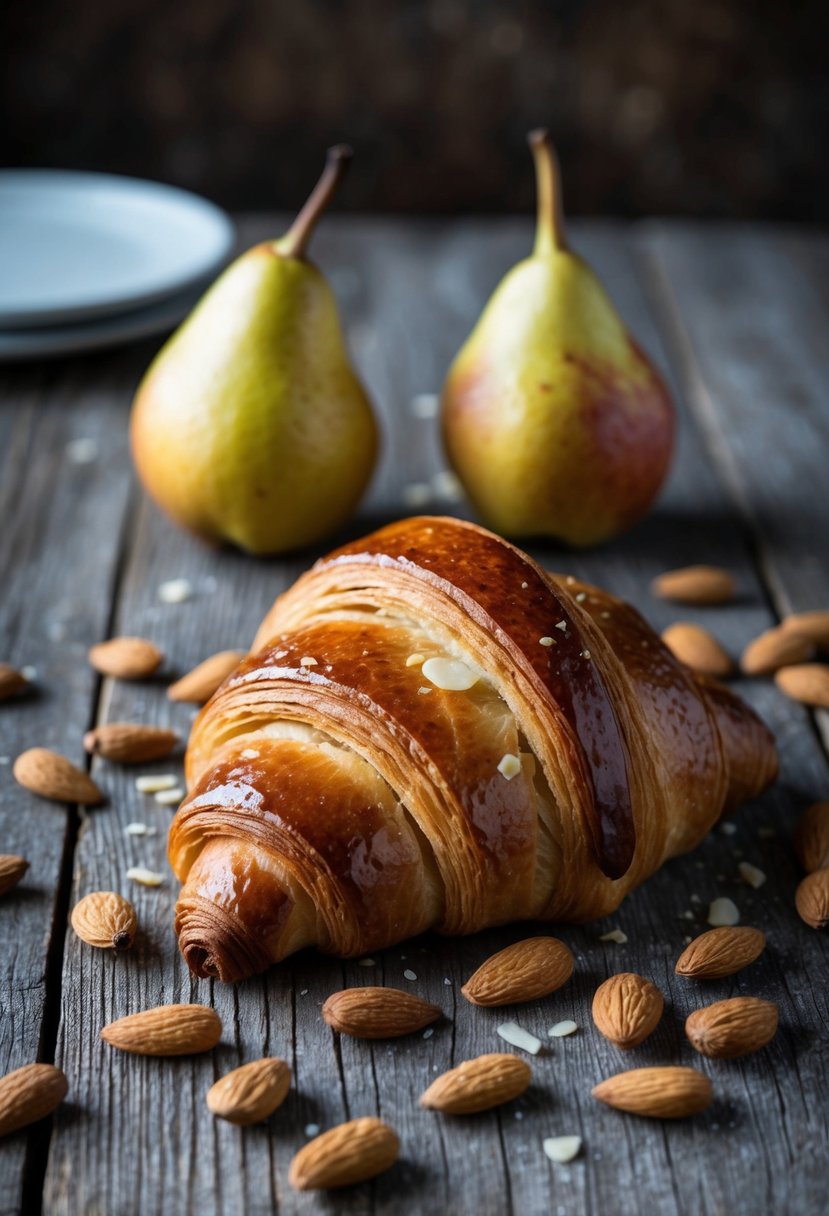 A freshly baked pear almond croissant on a rustic wooden table, surrounded by scattered almonds and a few ripe pears