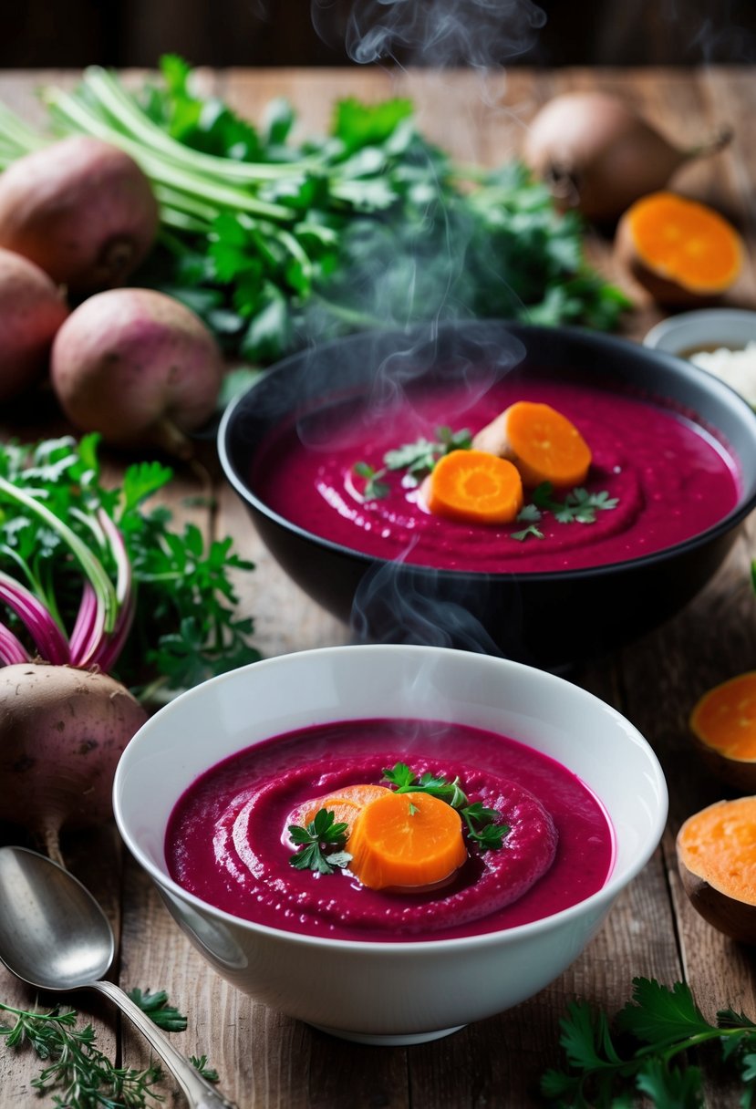 A rustic kitchen table with a steaming bowl of savory beetroot and sweet potato soup, surrounded by fresh vegetables and herbs