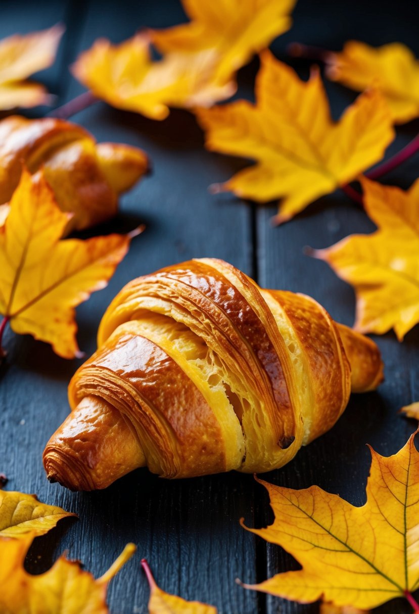 A golden butternut squash croissant surrounded by autumn leaves