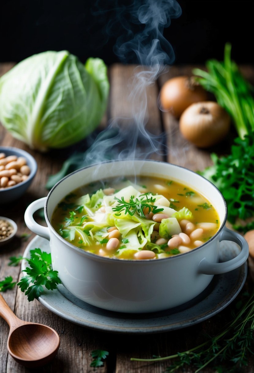 A steaming pot of cabbage and white bean soup sits on a rustic wooden table, surrounded by freshly harvested vegetables and herbs