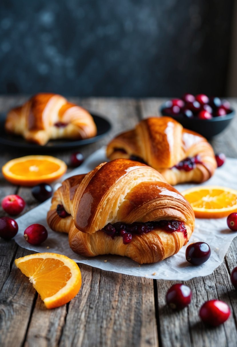 A warm, golden croissant with cranberry and orange filling, surrounded by fresh cranberries and orange slices on a rustic wooden table