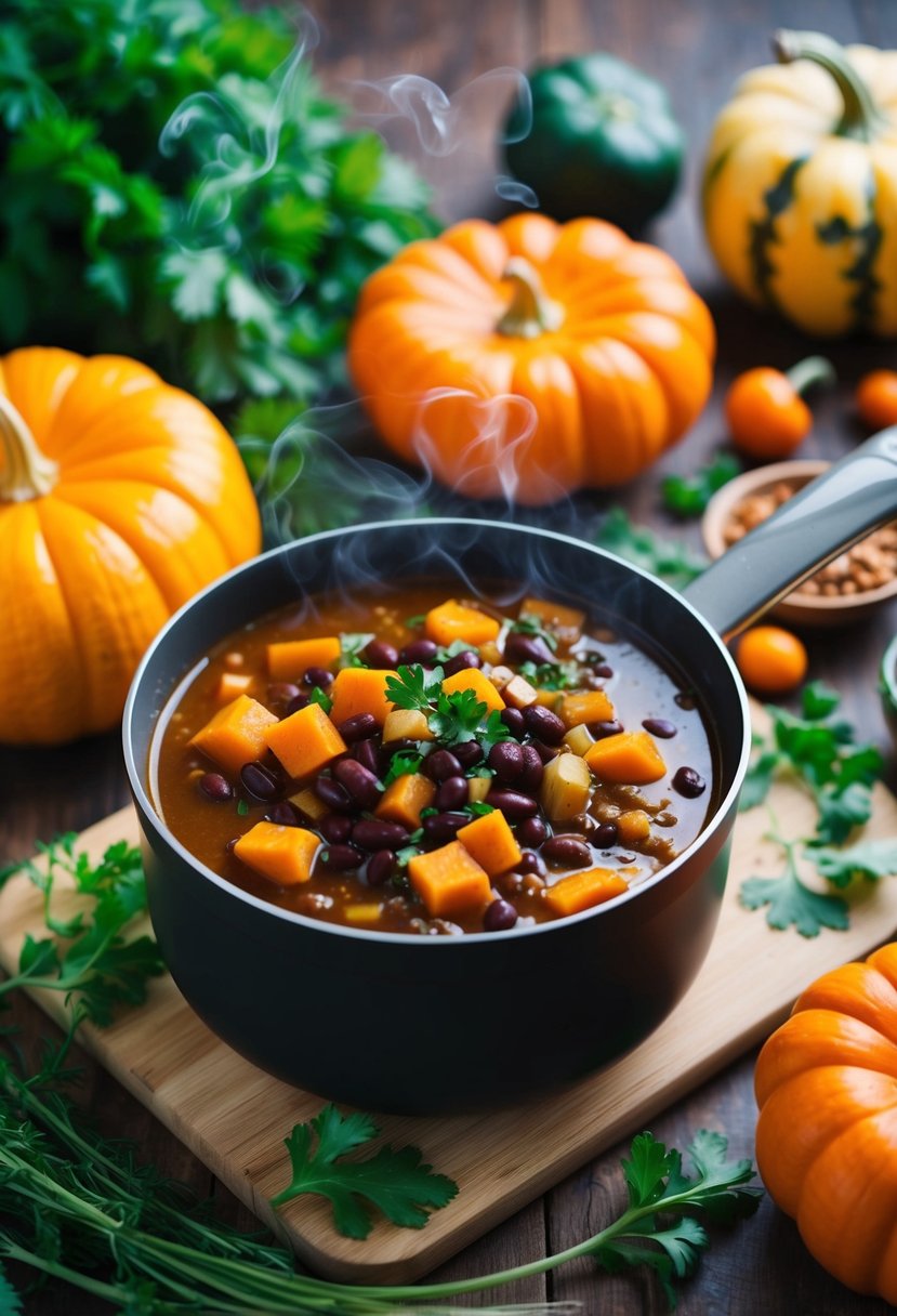 A steaming pot of spicy black bean and pumpkin soup surrounded by fresh harvested vegetables and herbs