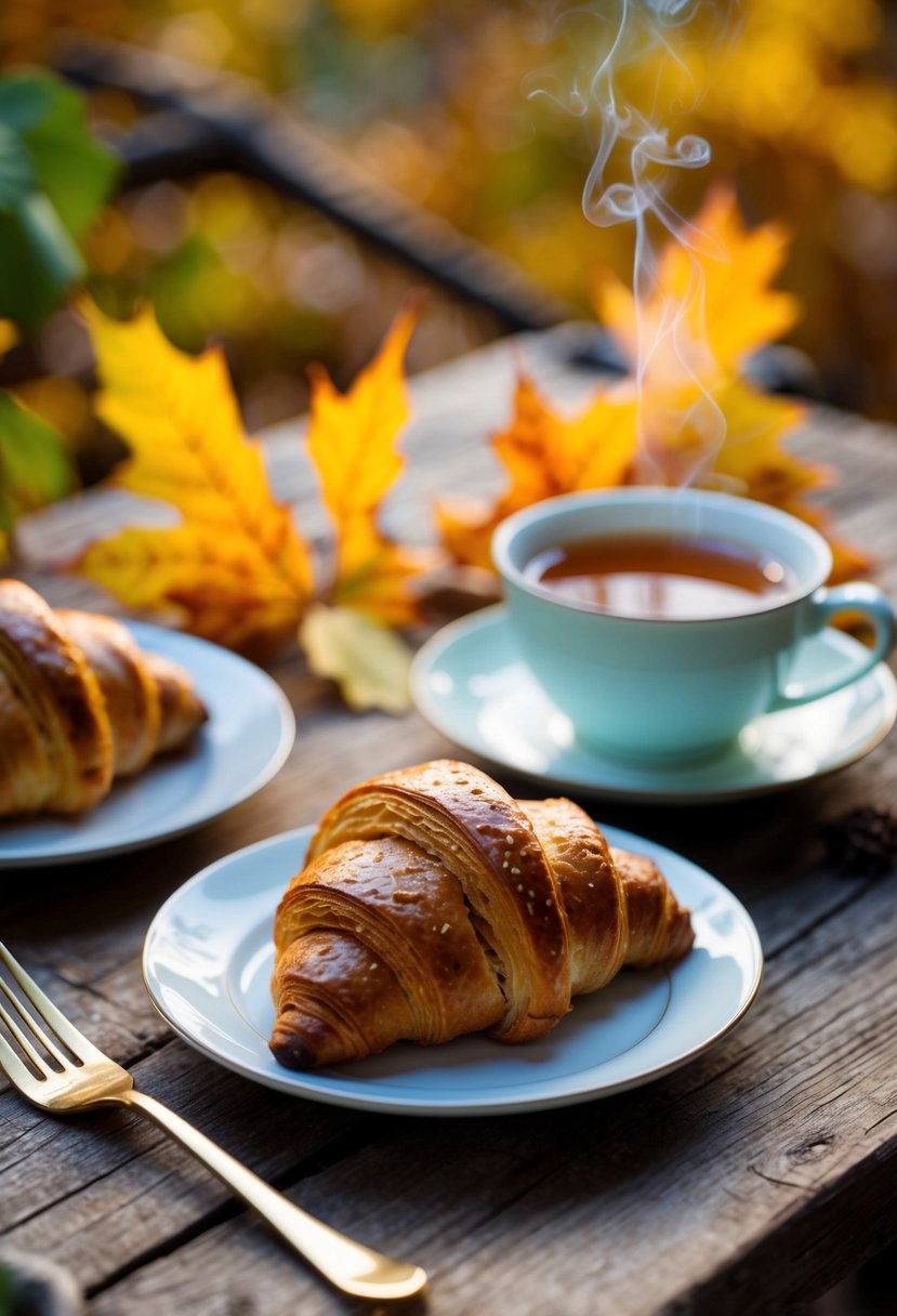 A golden-brown sweet potato croissant sits on a rustic wooden table, surrounded by fall foliage and a steaming cup of tea