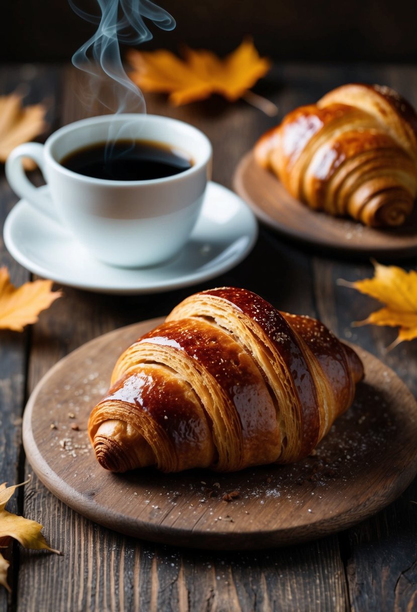 A warm, golden-brown gingerbread croissant sits on a rustic wooden table, surrounded by fall leaves and a steaming cup of coffee