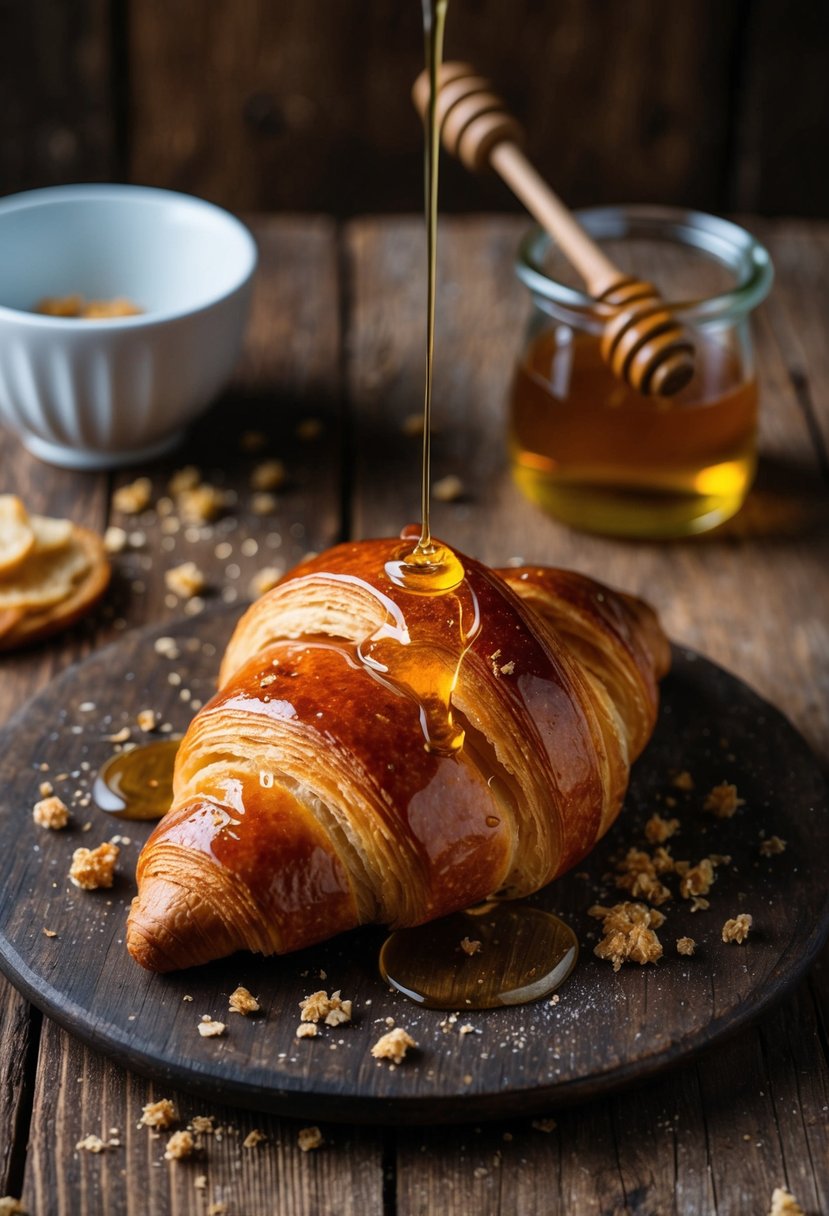 A golden chestnut honey croissant sits on a rustic wooden table, surrounded by scattered crumbs and a drizzle of honey