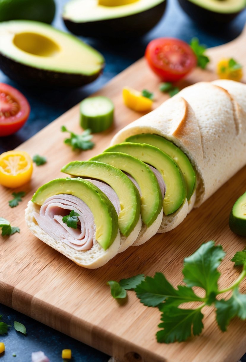 Fresh avocado slices and turkey slices rolled up in soft bread, arranged on a wooden cutting board with colorful ingredients scattered around