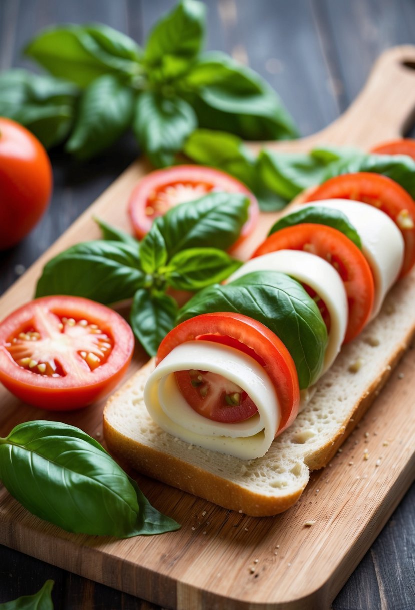 Fresh basil leaves, ripe tomato slices, and mozzarella cheese rolled up in soft bread, arranged on a wooden cutting board