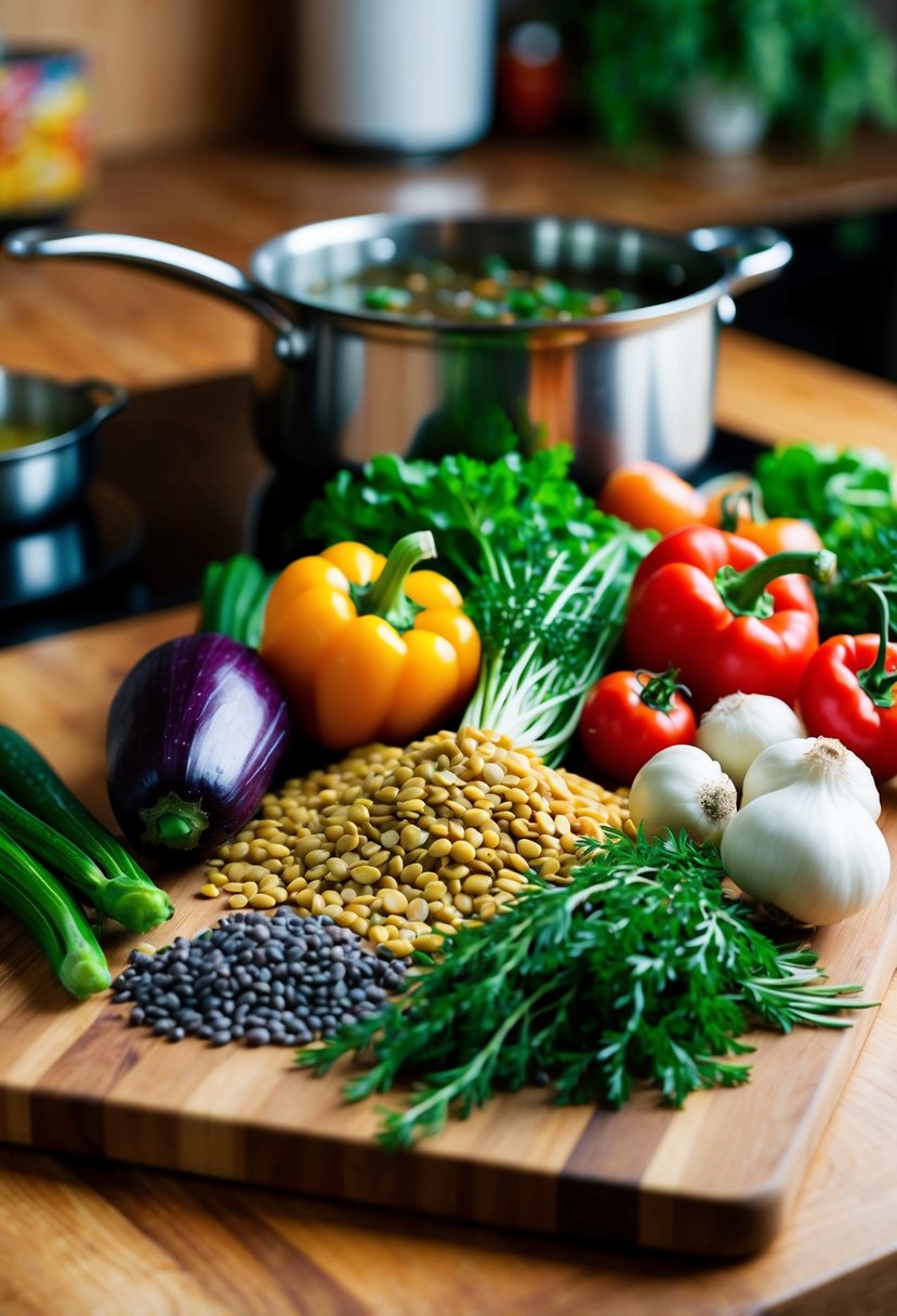 A colorful array of fresh vegetables, lentils, and herbs arranged on a wooden cutting board, with a pot simmering on the stove in the background