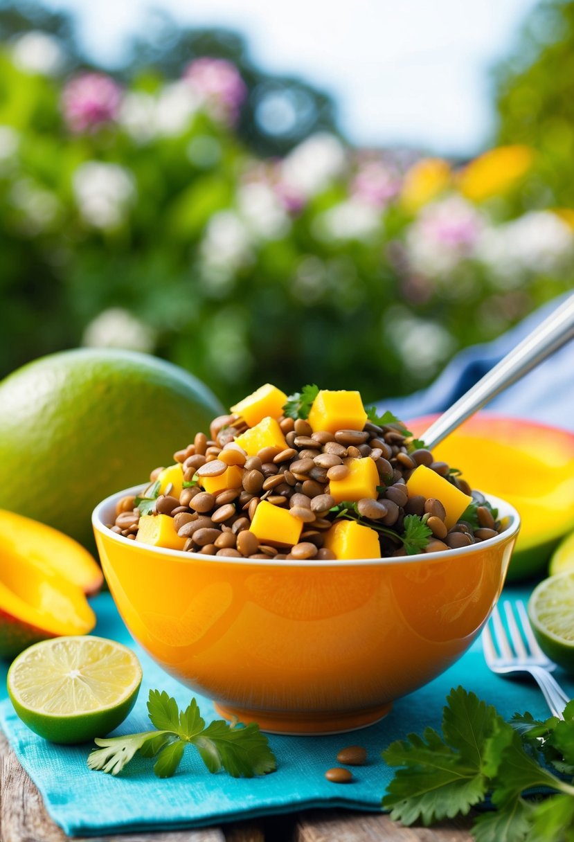 A colorful bowl of lentil and mango salad surrounded by fresh ingredients and a sunny outdoor backdrop