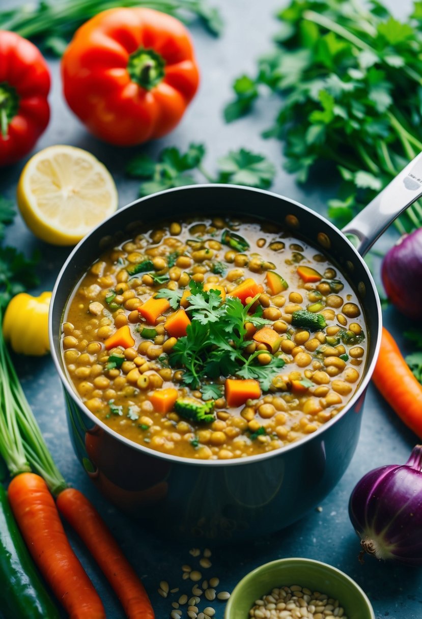 A steaming pot of curried lentil soup surrounded by vibrant summer vegetables and herbs