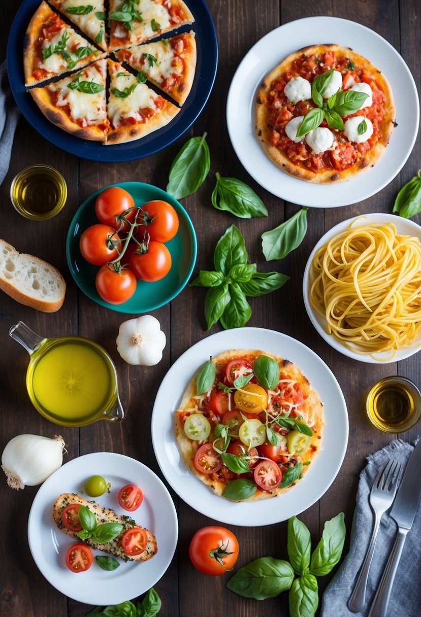 A table set with a variety of gluten-free Italian dishes, including pasta, pizza, and bruschetta, surrounded by fresh ingredients like tomatoes, basil, and olive oil