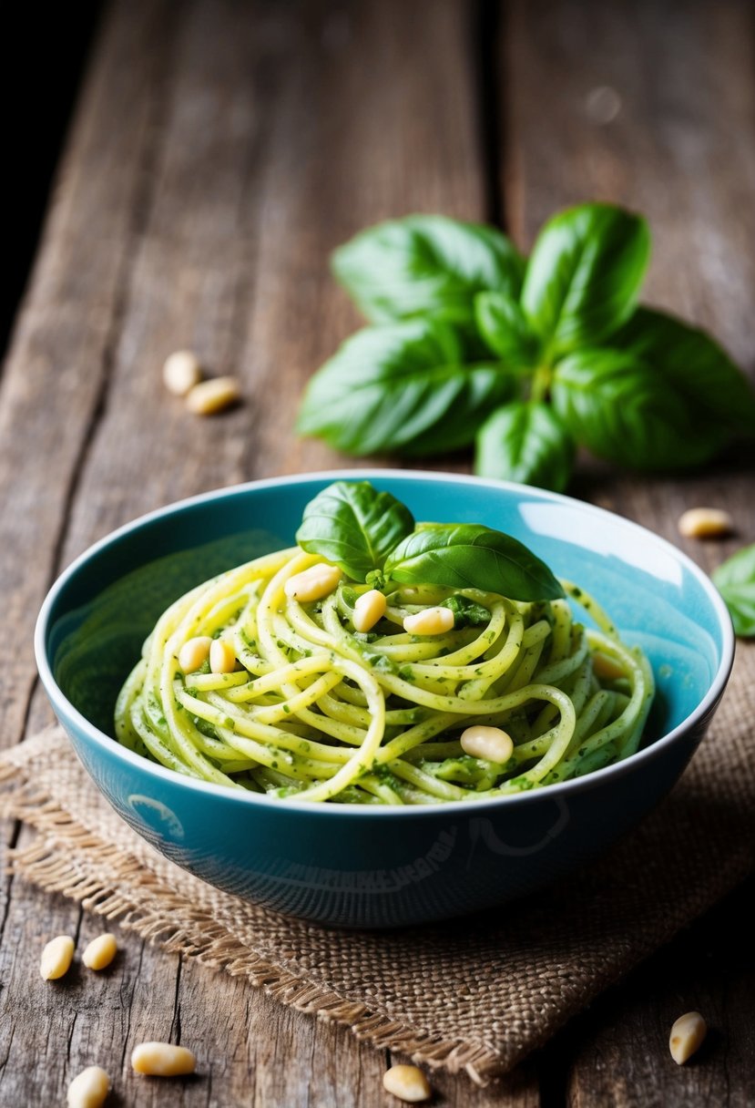 A bowl of gluten-free pesto pasta with fresh basil and pine nuts on a rustic wooden table