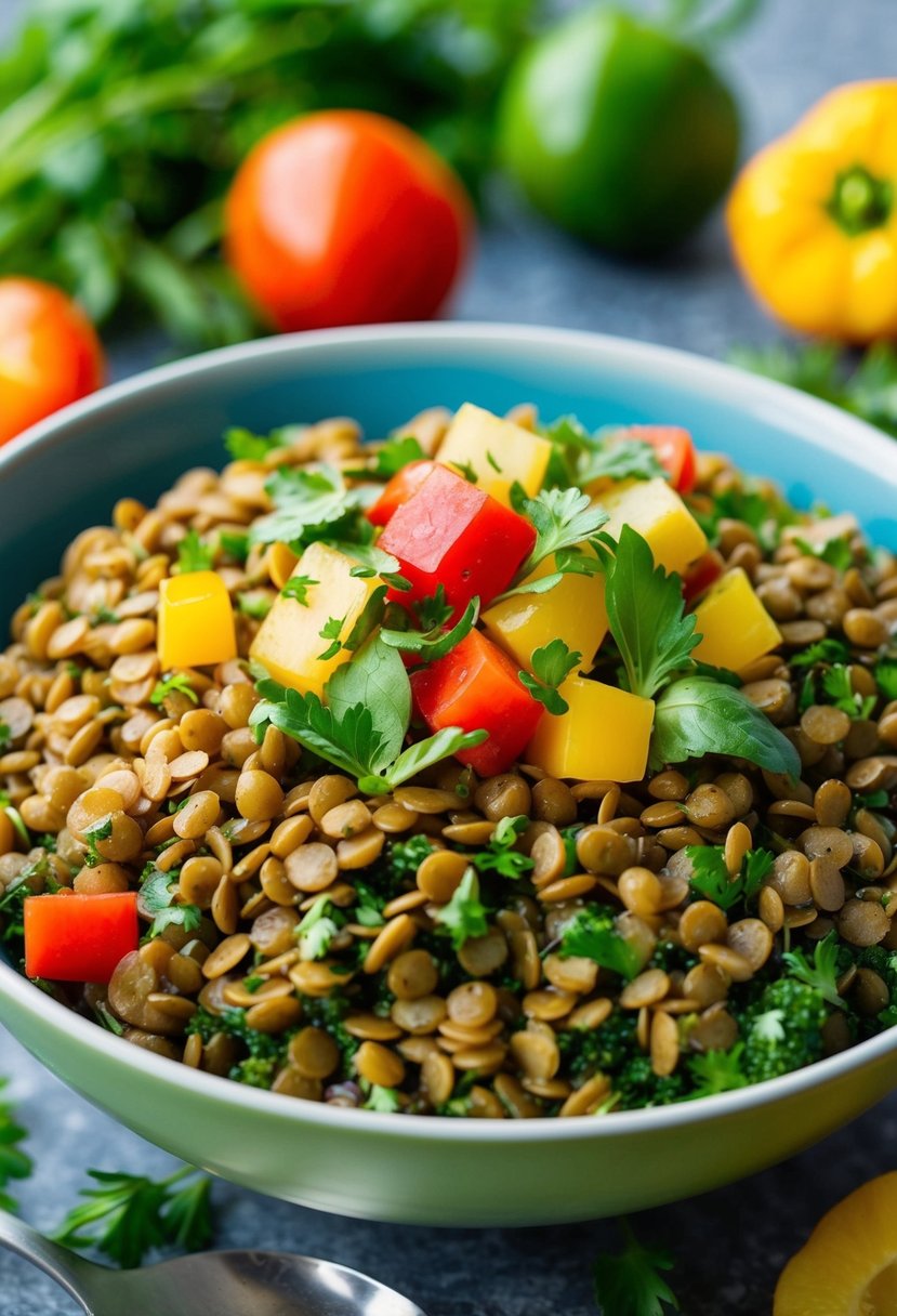 A vibrant bowl of chilled lentil tabouli surrounded by fresh summer vegetables and herbs