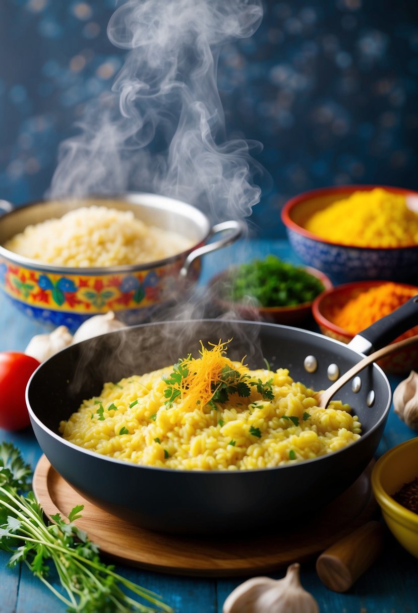 A steaming pot of saffron-infused risotto, surrounded by colorful ingredients and traditional Italian cookware