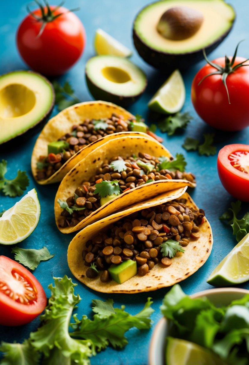 A colorful array of tangy spicy lentil tacos surrounded by fresh summer ingredients like tomatoes, lettuce, and avocado