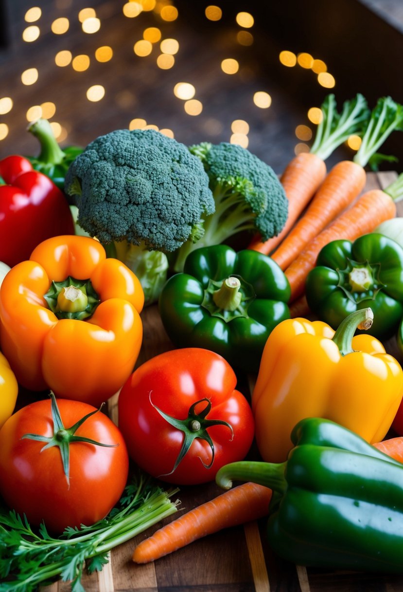 A colorful array of fresh vegetables, including bell peppers, tomatoes, carrots, and broccoli, arranged on a wooden cutting board