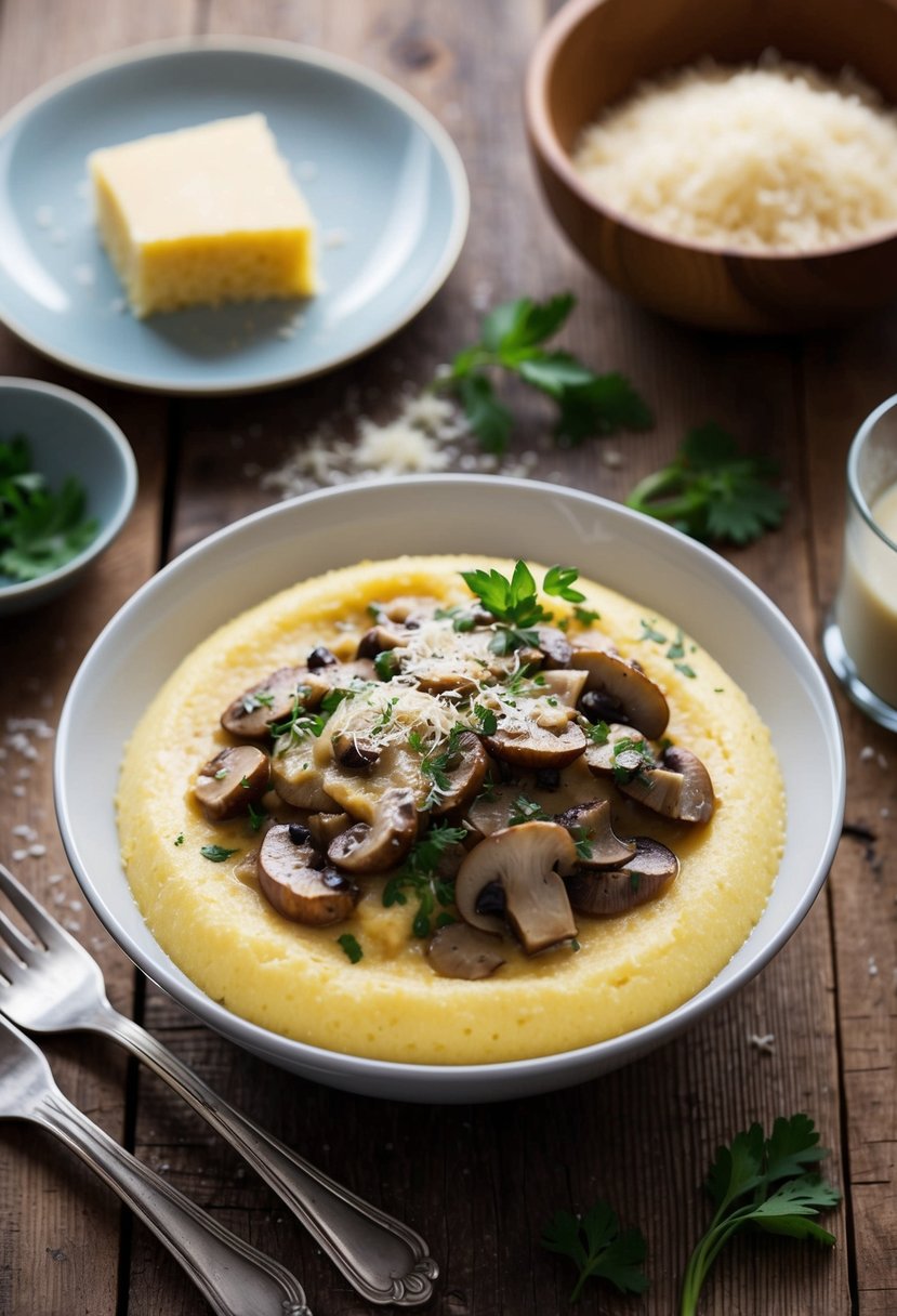 A steaming bowl of creamy polenta topped with savory mushroom sauce, garnished with fresh herbs and grated cheese, served on a rustic wooden table