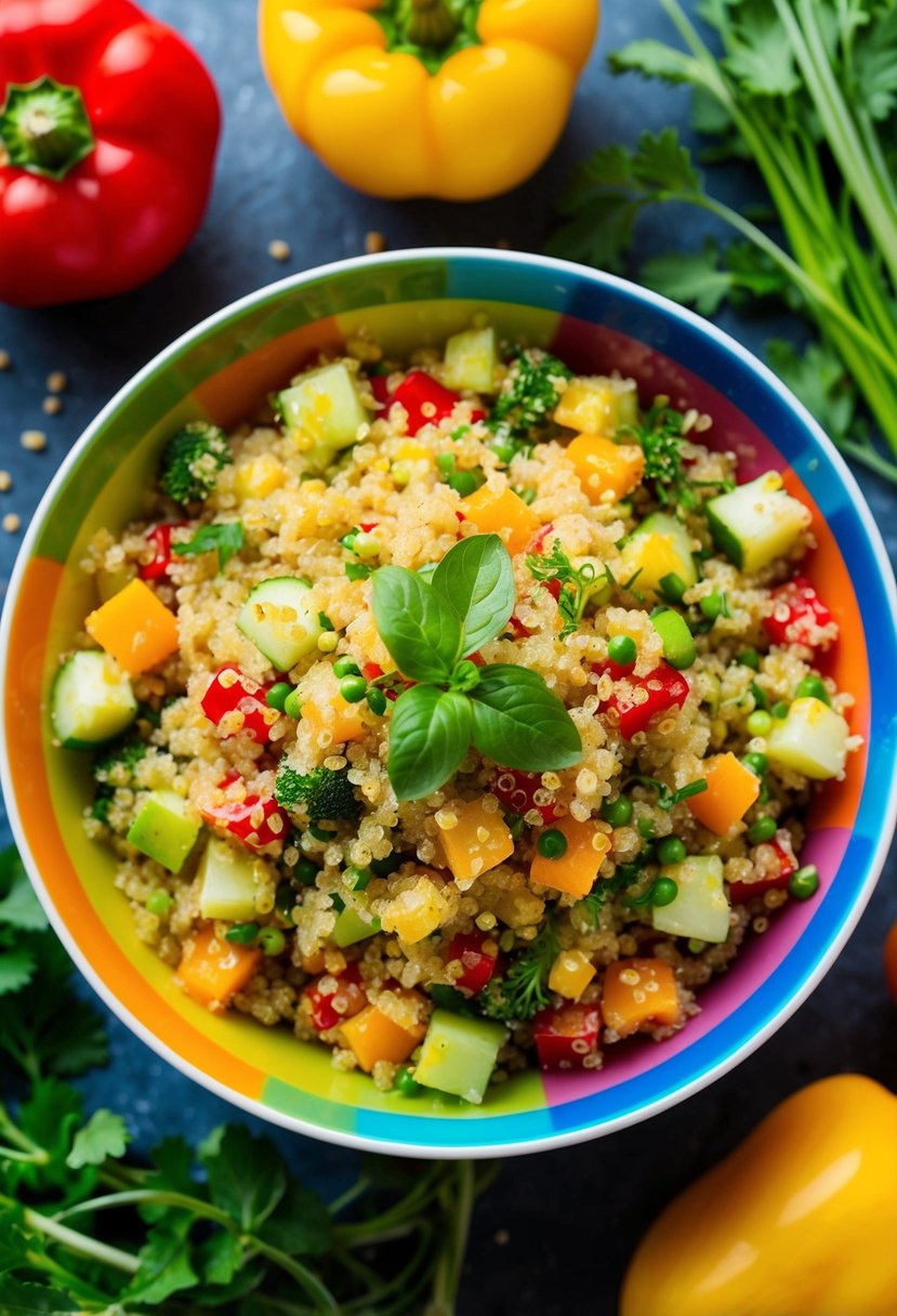 A colorful bowl of zesty quinoa salad surrounded by fresh vegetables and herbs