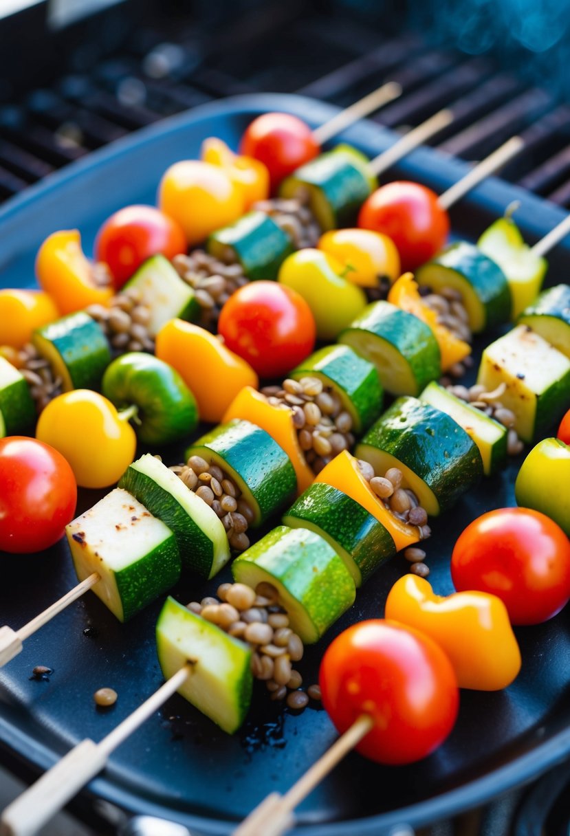 A colorful array of lentils, peppers, zucchini, and tomatoes skewered on wooden sticks, ready for grilling