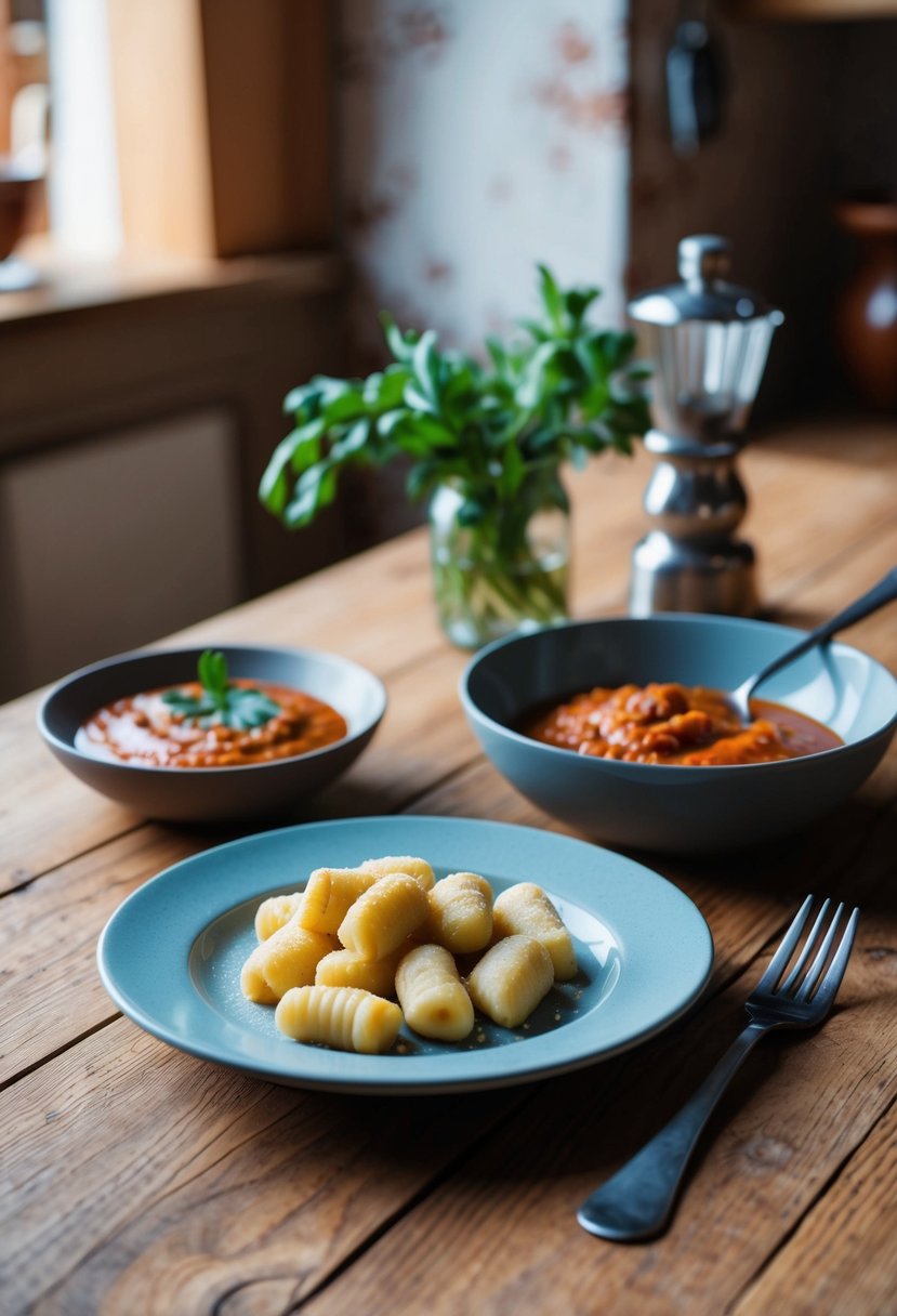 A rustic kitchen with a wooden table set with a plate of gluten-free gnocchi, a bowl of sauce, and a fork