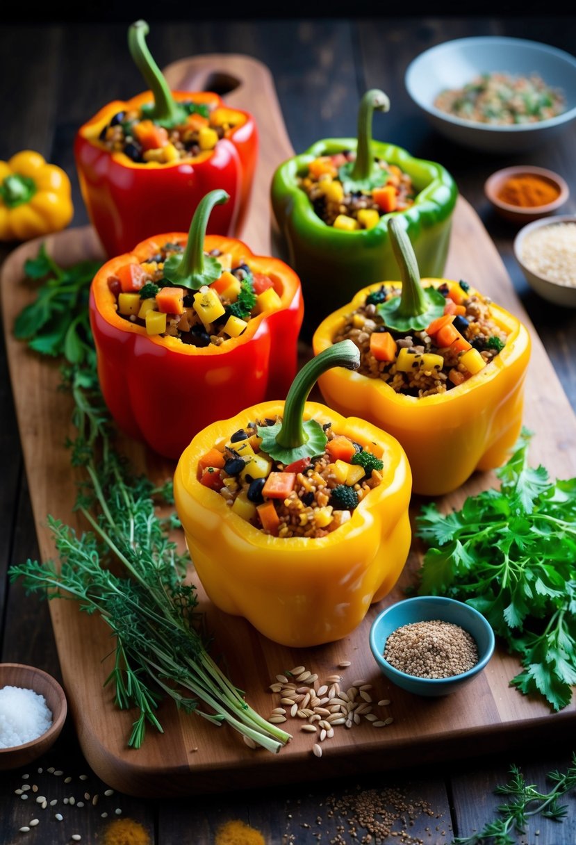 Fresh bell peppers stuffed with colorful vegetables and grains, surrounded by vibrant herbs and spices on a wooden cutting board