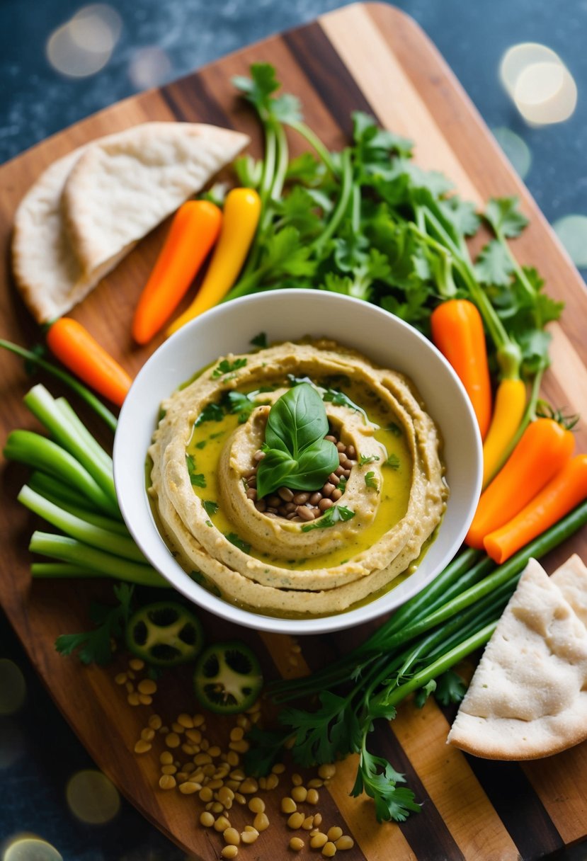 A bowl of lentil hummus surrounded by fresh vegetables and pita bread on a wooden serving board