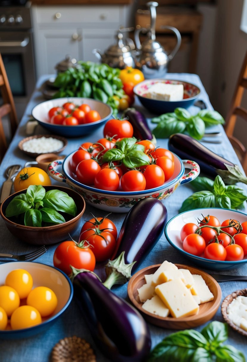 A table set with a colorful array of fresh eggplant, tomatoes, basil, and cheese, surrounded by traditional Italian cookware and utensils