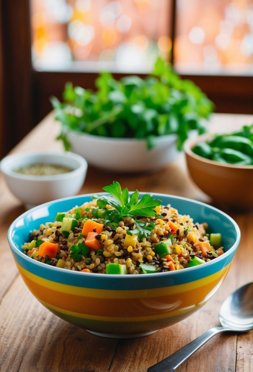 A colorful bowl of lentil quinoa pilaf with fresh herbs and vegetables on a wooden table