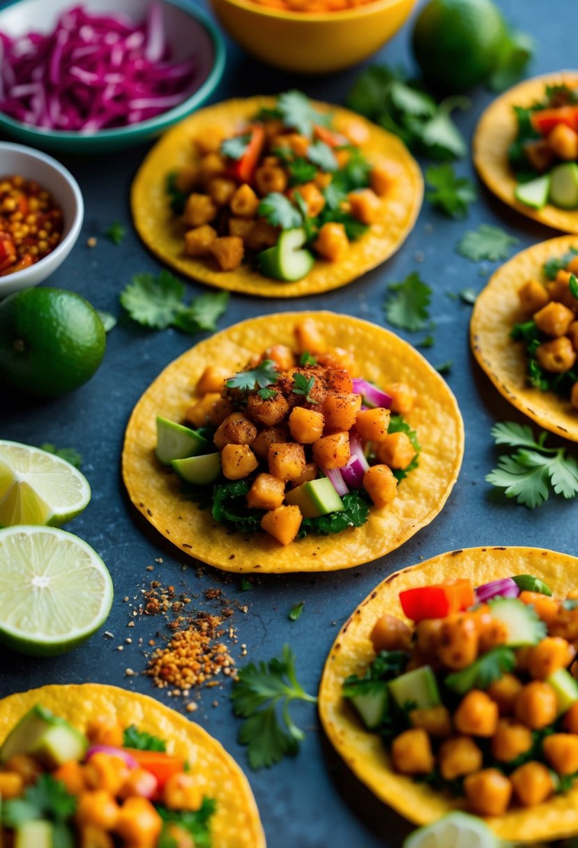 A colorful spread of chickpea tacos with vibrant vegetables and spicy seasonings