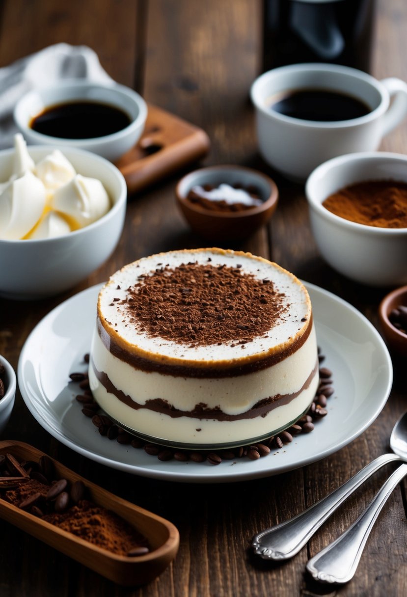 A table set with a gluten-free tiramisu, surrounded by Italian ingredients like coffee, cocoa, and mascarpone cheese