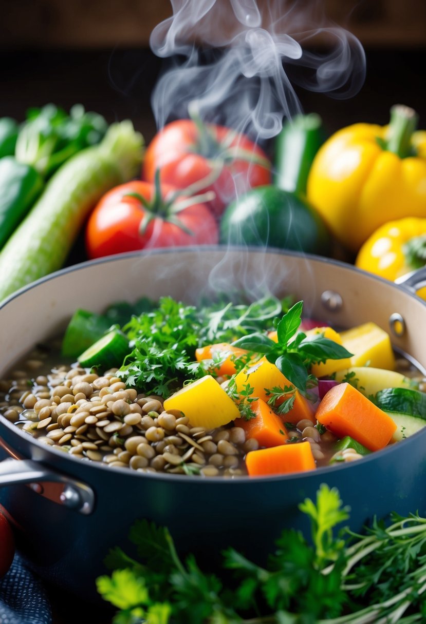 A colorful array of fresh summer vegetables and lentils simmering in a pot, with steam rising and herbs sprinkled on top