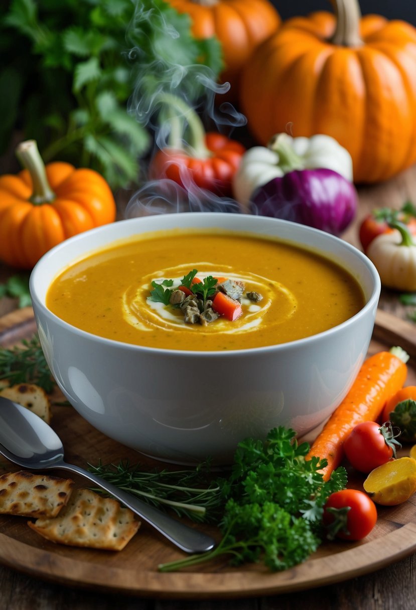 A steaming bowl of creamy pumpkin soup surrounded by colorful vegetables and herbs